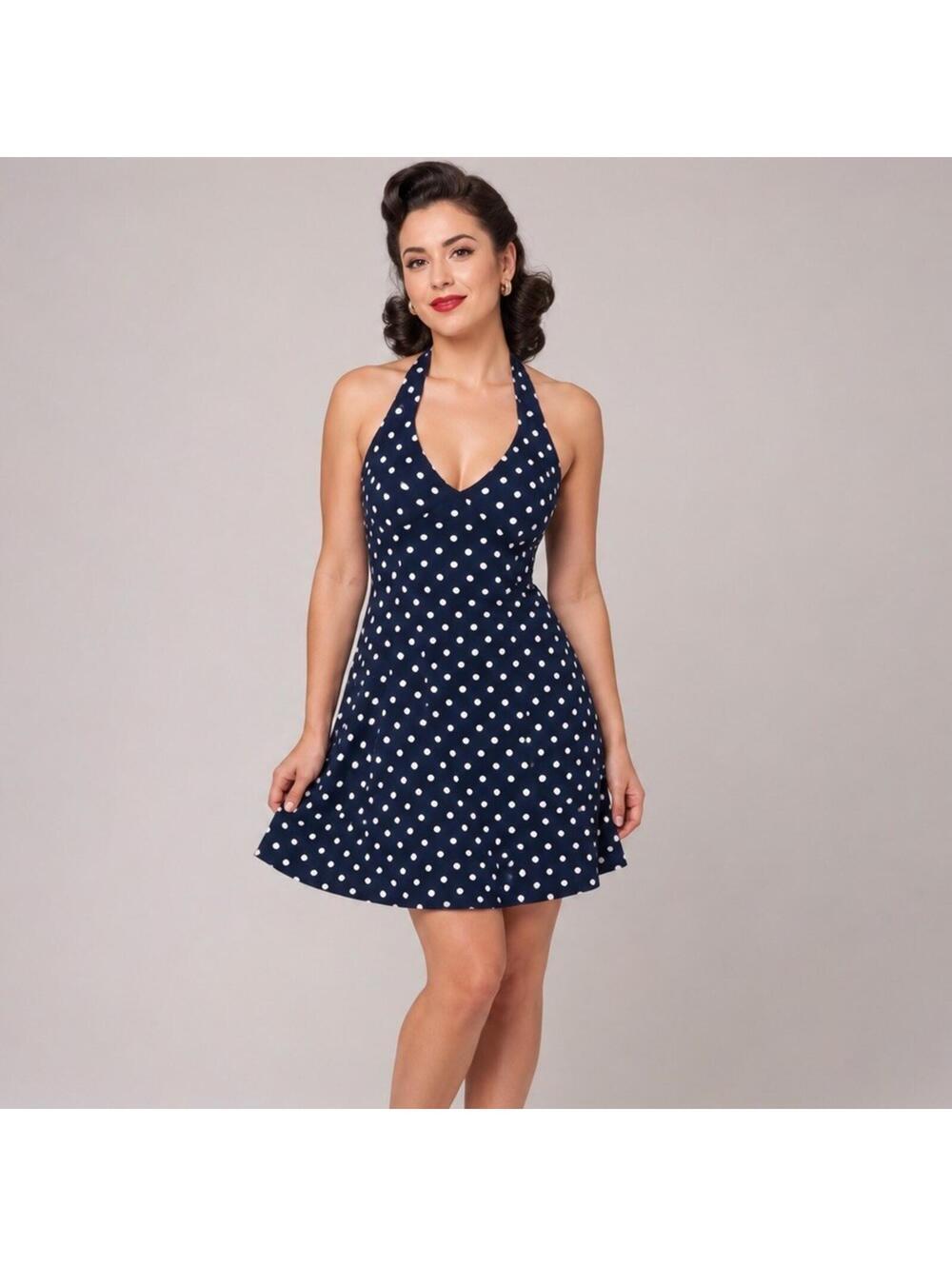 Lands’ End Navy Blue White Polka Dot Halter Mini Dress Small Retro Pinup